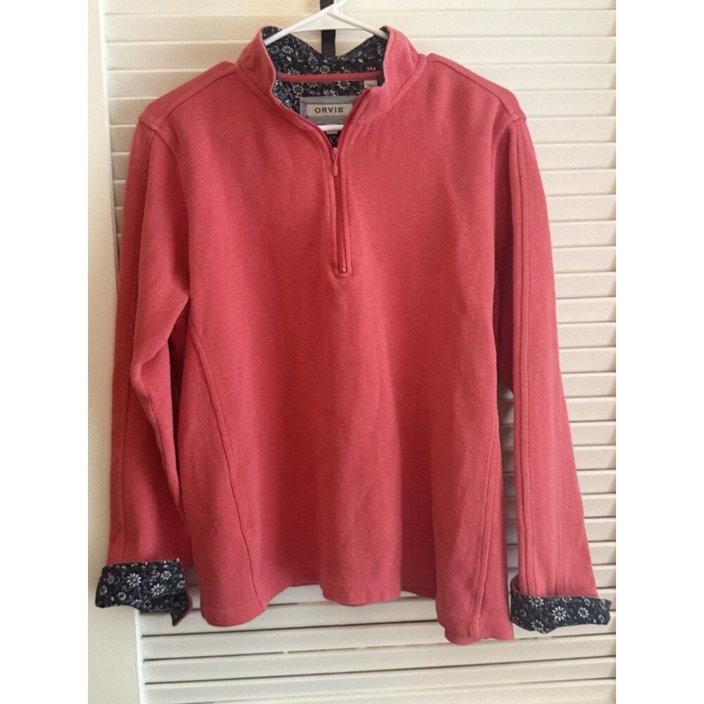 Orvis Pullover Coral Sweater 1/4 Zip Ribbed Cozy Floral Contrast Size XL